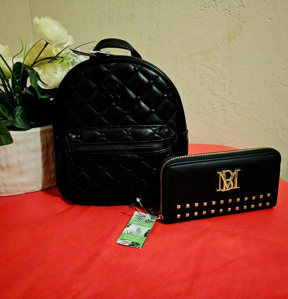 Badgley Mischka Set-Black Vegan Leather Studded Backpack Sling Bag with Wallet