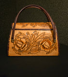 Vintage Floral Westrn HandTooled Leather Handbag Satchel Shoulderbag with Wallet