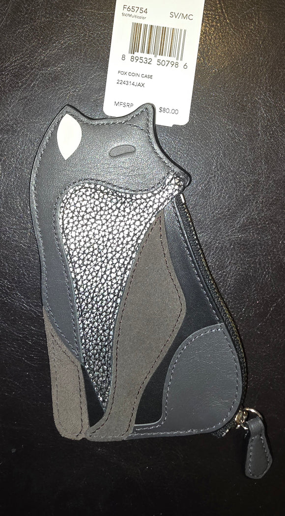 Coach 65754 Special Edition Fox Black, Silver and Grey Leather Suede Coin Case Wristlet Collectible