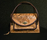 Vintage Floral Westrn HandTooled Leather Handbag Satchel Shoulderbag with Wallet